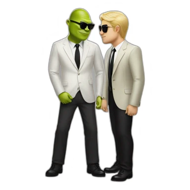 shrek kissing with white-guy-wearing-suit-with-blonde-hair-and-black-sunglasses-standing-with-black-shoes sticker