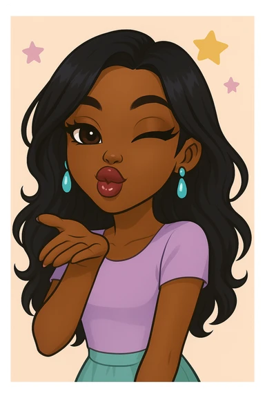 Change the pose to blowing a kiss, headshot only, keep her as a 20-year-old anime Bratz style woman with dark skin, dark hair, cute pastel Y2K look, big expressive eyes, glossy lips, and a happy expression. No tears. sticker