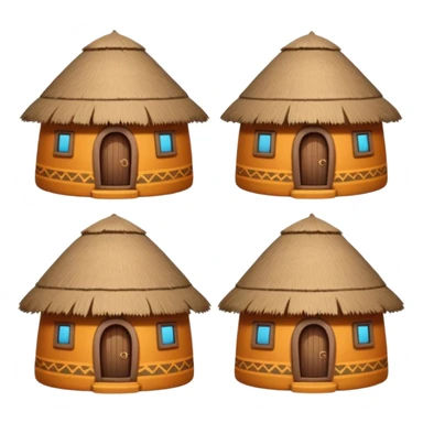 4 different African mud hut tribal houses, each unique, round adobe clay huts, thatched roofs, colorful tribal decorations, mobile game icon style, 3D cartoon, clean background, consistent lighting, consistent proportions sticker