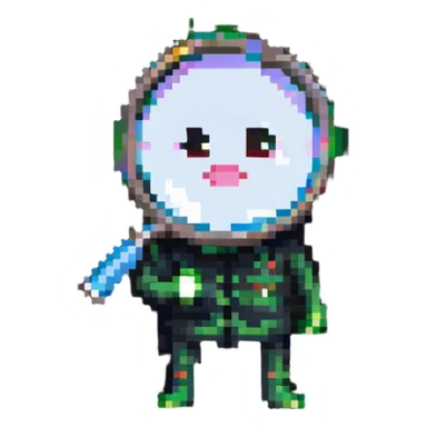 A pixelated character looking through a magnifying glass sticker