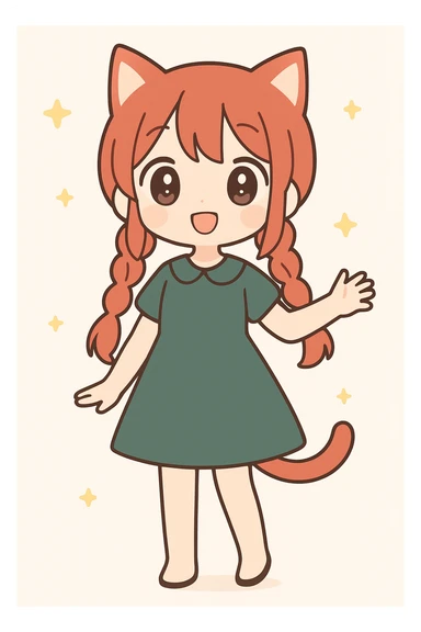 full body catgirl with red hair in twin braids, wearing a dark green dress, cute and expressive, anime style sticker