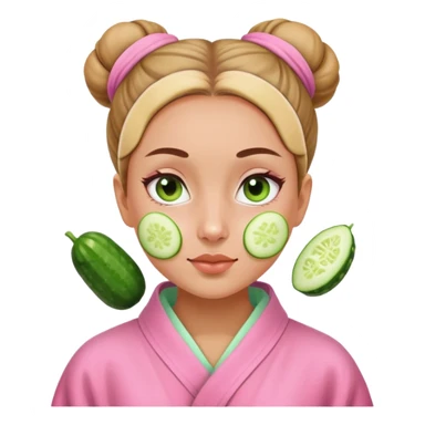 Girl with a bun and a pink robe with a green skincare mask on and cucumbers on her eyes sticker