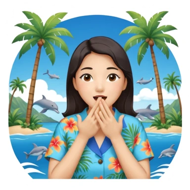 들뜬 표정의 20대 한국 여자, 여름 옷차림, 두 손으로 입을 감싸 “괌 가자~” 외치는 포즈. 민트색 배경, 밝고 유쾌한 광고 포스터 느낌,

옷이 더 하와이안 셔츠였음 좋겠어

멀리 있는 사람을 부르는 것처럼 

배경이 바다였음 좋겠어 약간 야자수랑 돌핀도 있고

멀~리 있는 사람을 부르는 손! sticker