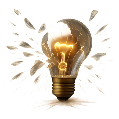 Depict a shattered lightbulb with glass fragments flying outward in a dynamic composition. Keep the background transparent. Highlight the motion and energy of the flying glass fragments. sticker