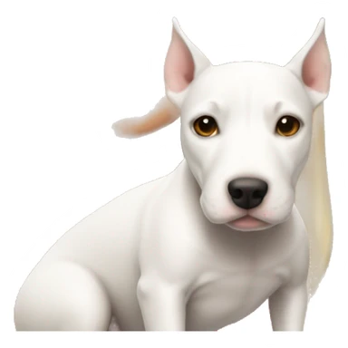 girl with long blond hair and brown eyes with a white bull terrier sticker