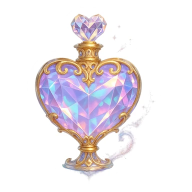 crystal luxurious heart-shaped elixir bottle with pastel gradient, lots of glow, facets, ornaments, golden details, magical effects, very small golden neck, transparent background, beautiful merging base, clearly floating in air, no ground or shadow, very luxurious, matching a collection sticker