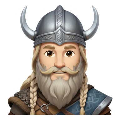 Clash of Clans aesthetic: Beautiful and Majestic Viking Portrait Emoji, Rendered in serene confidence with a gentle, enigmatic smile and a refined, weathered Viking helmet, showcasing a noble, sturdy build with long braided hair and a dignified beard, his face in natural skin tone, Simplified yet exquisitely endearing features, highly detailed, glowing with a soft, majestic Nordic light, high shine, calm and heroic, stylized with an air of timeless Norse elegance, soft glowing outline, capturing the essence of a majestic Viking whose noble spirit inspires epic quests! sticker
