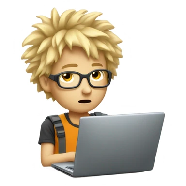 Nerdy  blonde boy gamer with crazy hair and a laptop sticker