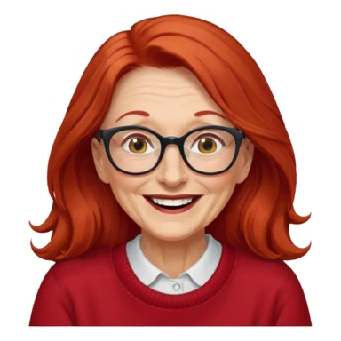 obese; older 50's ; long red hair ; women hazel eyes; glasses ; laughing sticker