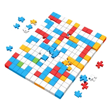 A photorealistic icon with a colorful, fragmented crossword magazine, a 3D puzzle, and a partially completed puzzle on a table. Bright, detailed design with realistic lighting. Transparent background, clearly symbolizing puzzles and brain games. sticker
