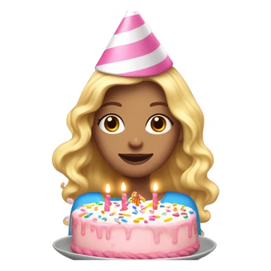 White woman, long hair, blonde hair, wavy hair, baby pink party hat, holding birthday cake sticker