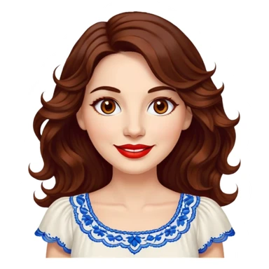 Artistic woman in her 40s with bright complexion, round face, big lively light brown eyes, wide friendly smile, vibrant red lips, voluminous wavy dark brown hair to shoulders, white summery dress with blue embroidery and electric blue neckline sticker