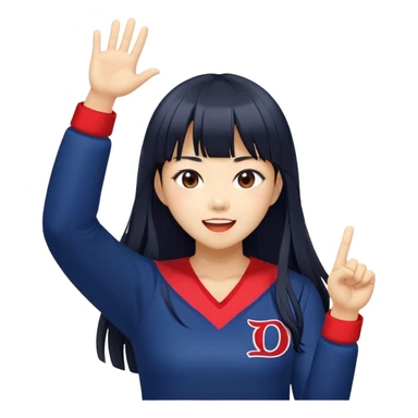 East Asian woman with long black straight hair and bangs wearing Doosan Bears team colors navy blue and red, cheering sticker