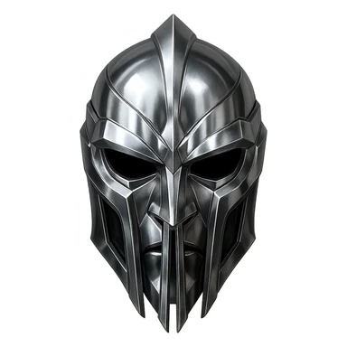 detailed metallic silver gladiator helmet mask with sharp angular lines, high forehead, deep eye cutouts without lenses, long vertical nose bridge splitting into two vertical bars extending past mouth, chrome-like shiny symmetrical intimidating sleek futuristic villain or antihero mask sticker