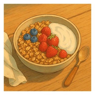 bowl of granola with berries and yogurt sticker