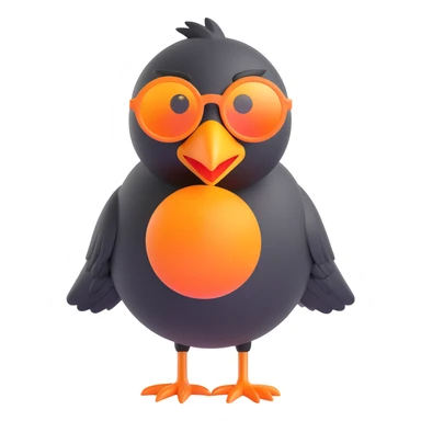 cartoonish 3D emoji of a black bird with a large orange beak and oversized round sunglasses, standing in the same pose as the reference image sticker