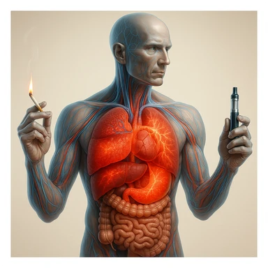 Medical illustration, hyperrealistic 4K, realistic anatomical human body, inflamed liver and intestine highlighted, holding a lit normal cigarette in the right hand and an electronic cigarette in the left hand, clear background, extremely detailed, same lighting and style as the reference image. sticker