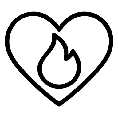 icon of a heart with a subtle flame inside, representing passion, simple and modern, clean black outline icon sticker