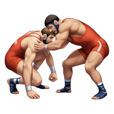 An icon symbolizing Greco-Roman wrestling, showing two wrestlers locked in a powerful grip, focusing on upper-body techniques. The background features a wrestling mat, with the athletes wearing traditional singlets. Transparent background highlights the strength and skill of the sport. sticker