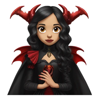 surprised Lavish Victorian black evening gown with see-through gloves, Jenna Ortega as Addams girl Jedi wearing a steampunk mini tiara, very large blood red evil-looking horned dragon sticker