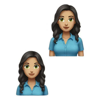 tall girl with dark long hair, green eyes, blue shirt sticker