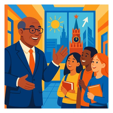 An inspiring college director engaging with students in a bright college hall, smiling and gesturing, with symbols of Moscow in the background, conveying a sense of future and inspiration. sticker