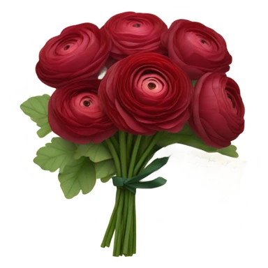 A bouquet of ruby-red ranunculus tied with a velvet ribbon and an old love letter sticker
