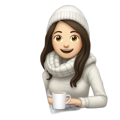eyes closed laughing female with pale skin and dark brown straight long hair wearing white scarf and white woolly hat and black hoodie and holding a laptop and coffee mug not full body shot sticker