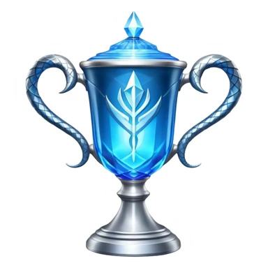 exact movie-accurate Triwizard Cup from Harry Potter, wide chalice with angular facets, two distinct silver snake handles curving upward, bright blue glow inside sticker