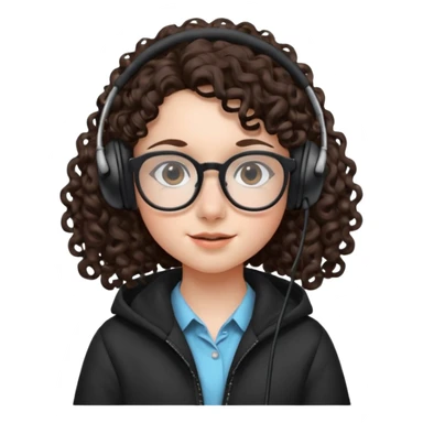 brunette kid with unique face features and very curly long hair kid girl neutral and big glasess and big nose and dark eyes with freckles kind of nerd looking and headphone wearing sticker