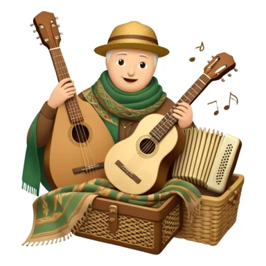 Create a warm and rustic emoji representing folk singing, using a humanless collage. The design should feature traditional folk instruments such as a balalaika, domra, or accordion, arranged around a vintage microphone to evoke a sense of community and storytelling. Include elements like a woven basket, traditional scarves, or musical notes to symbolize the connection to nature and heritage. Use earthy tones like brown, green, and gold, with subtle accents to emphasize the folk style. The background should be transparent. sticker