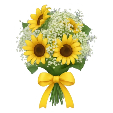 Bouquet of babies breath and sunflowers with a yellow bow wrapped around it sticker