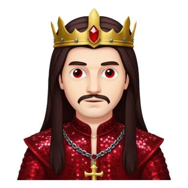 Vlad Tepes with long dark brown hair, dark red sequin outfit sticker