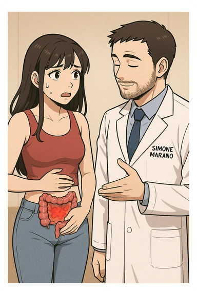 prendi spunto da questo stile di disegno e fai un webtoon/manga a colori con questo nutrizionista in camice bianco (fagli la scritta "SIMONE MARANO" SUL CAMICE) in piedi CHE PARLA CON UNA RAGAZZA in piedi accanto a lui. la ragazza GLI chiede UNA COSA preoccupata mentre si tocca la pancia e ha un intestino umano infiammato sulla pancia, e IL NUTRIZIONISTA CON IL CAMICE BIANCO le risponde mentre annuisce. la ragazza falla mora, con top rosso e jeans chiari, NON FARE I FUMETTI, FAI SOLO LORO COME SE DIALOGASSERO, falli a figura intera. la ragazza falla a sinistra e il nutrizionista a destra sticker