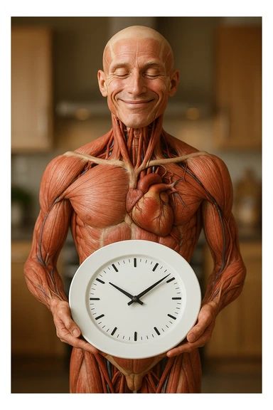 corpo umano anatomico, che tiene in mano un piatto bianco con la lancette di un orologio sopra, figura visibile fino ai fianchi, espressione del volto soddisfatta, sullo sfondo la sua cucina sfocata, iperrealistico 4k sticker