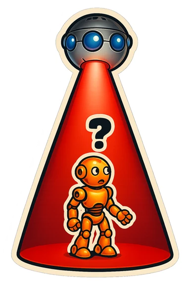 new character...robot being hit with a red beam by a flying robot sticker