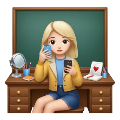 Girl sitting at vanity taking out picture with iphone 15 plus and study materials on the vanity sticker