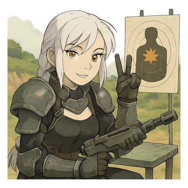  she is wearing armor, doing live-fire exercises at a safe and sanctioned training firing range with a maximum power blaster, except instead she's giving a victory salute, a closeup portrait of young woman with gold yellow eyes, white hair, long braid, black off-shoulder top d-cup, punk gothic style, futuristic cyberwave cyberpunk, sitting position
 sticker