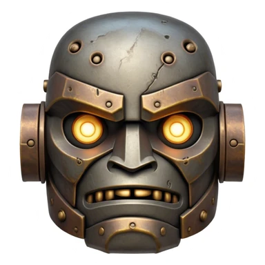 Cinematic Noble Mighty Iron Golem Portrait Emoji Poised and imposing, with a towering, metallic form forged from intricately detailed plates of burnished steel and ancient bronze, etched with faint traces of runes and weathered marks of time. Its piercing, glowing eyes radiate unwavering resolve, casting a solemn and commanding presence; rendered with lifelike texture and natural metallic highlights, high shine, elegant yet indomitable, styled with an aura of legendary endurance, focused and resolute, soft glowing outline, capturing the essence of an eternal guardian, standing vigilant and immovable as if ready to awaken at any moment with unstoppable might! sticker