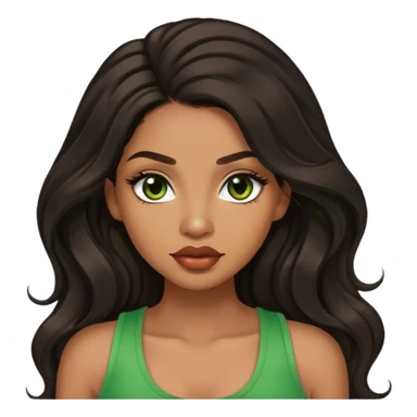 light brown skin tone, very beautiful woman, with big plump lips, long long lashes, black long wavy hair, middle hair parting, brown eyes, green tank top sticker