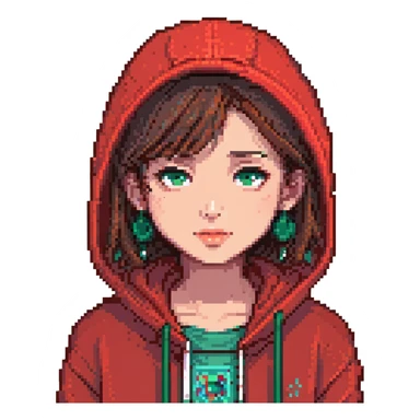 A pixel art girl with brown eyes, short brown hair without bangs, and a septum piercing, wearing a red hoodie. sticker