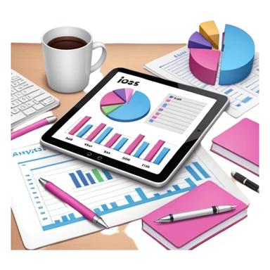 tablet on a desk with papers and pens showing data analysis stuff on it pink sticker
