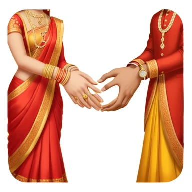 Two hands in a engagement..One hand of groom and one hand of bride. Bride hand - red/yellow saree. groom- light orange punjabi (oonly hands will be visible in the image). Groom's hand is holding a ring sticker