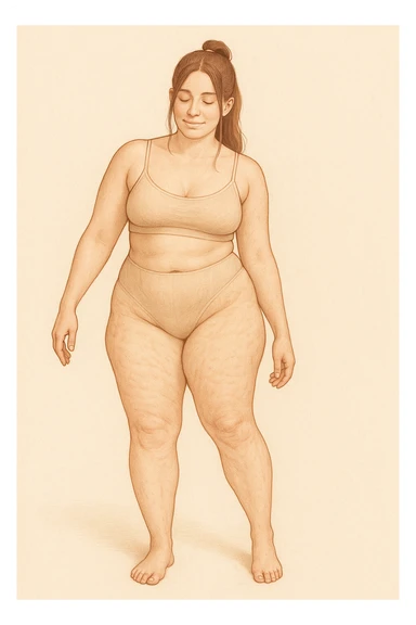 Realistic anatomical illustration of a woman with mild hip asymmetry, water retention, and cellulite, viewed in a soft, educational, body-positive way. sticker