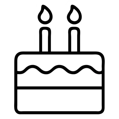 birthday cake with two flowing candles, icon style, clean lines, simple and recognizable sticker