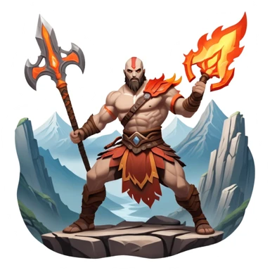 An icon showing a powerful warrior wielding a weapon, inspired by God of War: Ragnarok. The design captures the character’s strength, with dynamic motion lines. A fiery, mythological background with mountains and ruins enhances the epic atmosphere. Transparent background. sticker