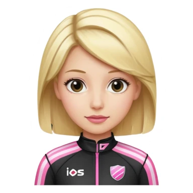 blonde woman with black racing outfit with pink strips sticker