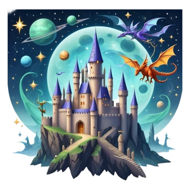 Icon for Fantasy and Sci-Fi Movies: A magical collage with flying dragons and futuristic spaceships. Stars and planets shimmer in the background with a mystical castle Hogvards and an ancient wizard holding a staff. The atmosphere is epic, otherworldly and adventurous. Transparent background. sticker