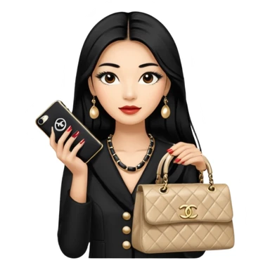 on est à Dubaï une chinoise avec des très très très beaux ongles et des très très très long  faux cils avec des sacs Chanel et un vêtement Chanel sticker