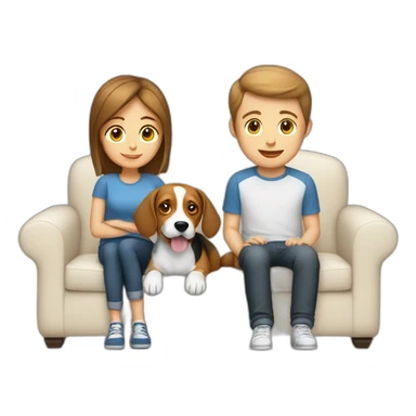 Brown hair White boy and girl with beagle Sit on couch sticker